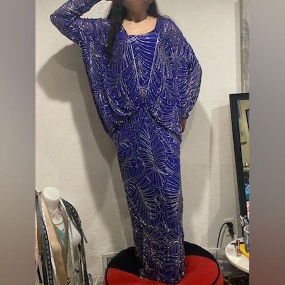 Vintage Klass Colections Inc 1 of a Kind 100% Silk Elegant Beaded Blue Dress - Picture 1 of 17